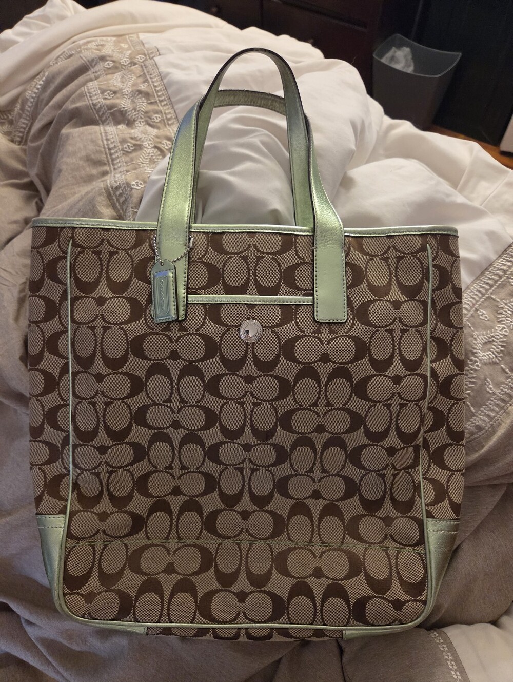 Coach 2000's Signature Canvas/Green Metallic Leather Tote